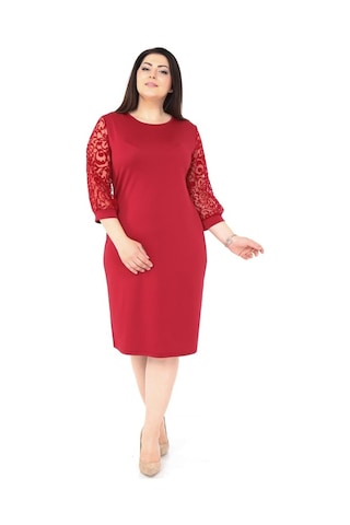 Bordo Flok Kol Büyük Beden Elbise 1E-1039 Bordo
