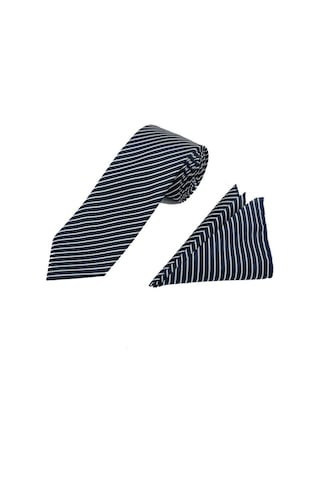 Brianze 7.5 Cm Lacivert Beyaz Çizgili Kravat Mendil Set Lacivert