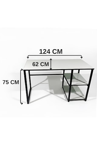 Modern Metal Ayaklı Çalışma Masası - 2 Raflı Bilgisayar Ve Yazı Masası - Siyah & Beyaz