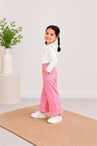 Toikids Pembe Puantiyeli Denım Bol Paça Pantolon Pembe