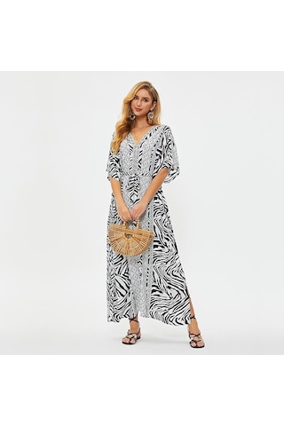 Edolynsa Plaj Cover Up Tunikler Plaj Baskı Şifon Uzun Kaftan Bikini Cover Up Robe De Plage Sarong Plaj Wrap Mayo Coverup Q1510 Beyaz