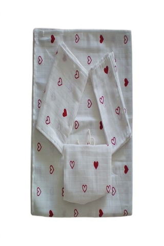 More Home Bebek Müslin Bez Battaniye Set 6 Parça Parça Kalpli Beyaz Kırmızı Beyaz - Kırmızı