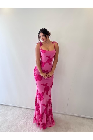 Pink Life Pembe Ayarlanabilir Askılı Çiçekli Astarlı Maksi Pembe