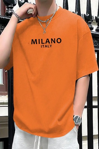 Erkek Milano Baskılı Oversize Tshirt Turuncu