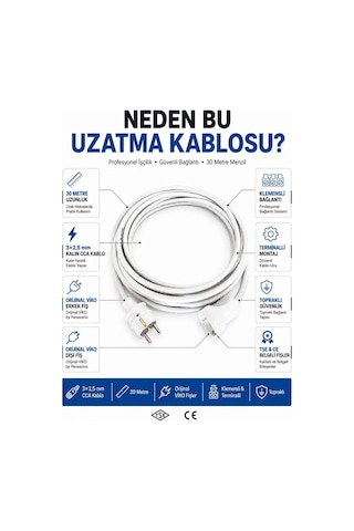 Viko Seyyar Uzatma Kablosu 30 Metre 3x2.5 Mm Cca Kablo Viko Erkek Dişi Fiş Klemensli Terminalli Topraklı Tse Ce Belgeli 30 M