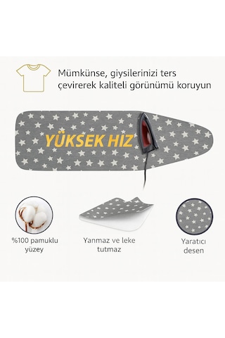 Ütü Masası Kılıfı Keçeli Gri Yıldızlı Desen Battal Boy Xxl Pamuklu Yanmaz Üretim Gri - Beyaz