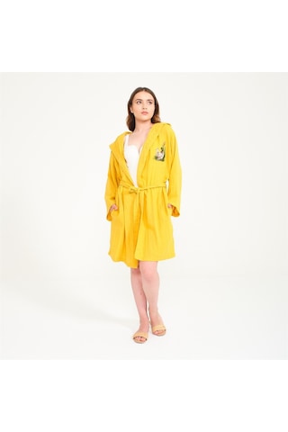 Ördek Nakışlı Kısa Kapüşonlu Müslin Kadın Bornoz-Sarı