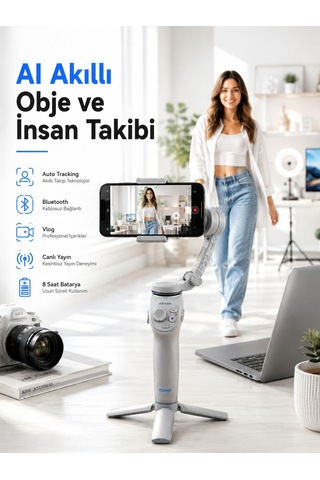Bluetooth Kontrollü Yapay Zeka Takipli Telefon Gimbali Katlanabilir Tripod