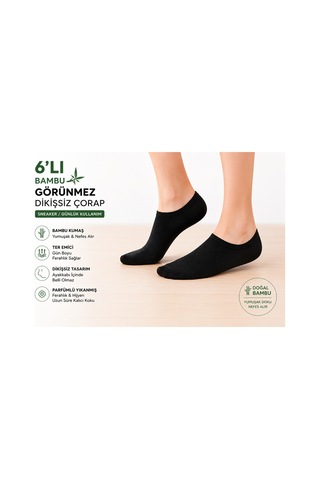 Çorapx Görünmez Sneakers Unisex Bambu Dikişsiz Patik Çorap Siyah 6 Çift