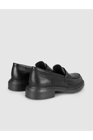 Siyah Hakiki Deri Kalın Taban Kadın Loafer Ayakkabı