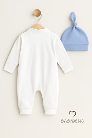 Babyden's Mini Boss Erkek Bebek Tulum Ve Şapka Seti Yenidoğan Papyonlu Bebek Tulumu %100 Pamuk Mavi