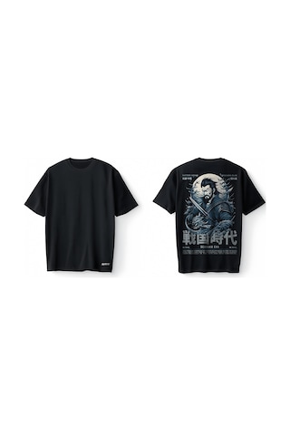 Bumeta Sengoku Era Japon Samuray Baskılı Oversize Unisex Tişört T-shirt Siyah