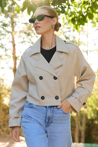 Fullamoda Kruvaze Yaka Çift Cepli Crop Trençkot Taş