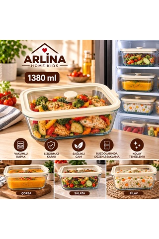1380 Ml Vakum Kapaklı Cam Saklama Kabı Krem