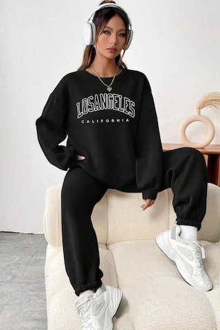 Uyguntarz Unisex Los Angles Baskılı Bisiklet Yaka Eşofman Takımı Siyah