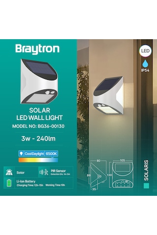 Braytron Solaris-w1 3w Sensörlü Solar Led Duvar Apliği - 6500k Beyaz Ip54 Solar-Beyaz