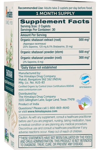 Himalaya Organic Shatavari Hormone Balance Menstrual Cramp Menopause Support 1300 Mg, 60 Caplets Aromasız