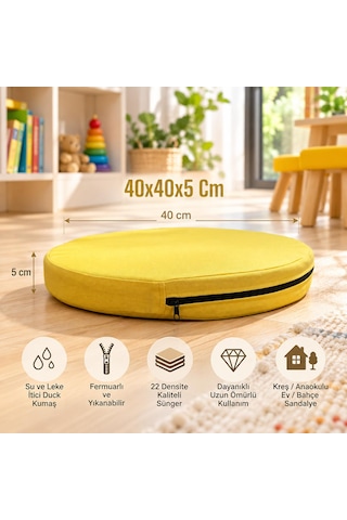 Kreş Anaokulu Yuvarlak Oyun Minderi Aktivite Minderi 40x40x5 Cm - Sandalye Minderi - Bahçe Dekor Minderi Yuvarlak Minder Sarı