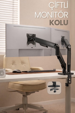 Çiftli Monitör Kolu Vesa Uyumlu Hareket Ayarlanabilir Monitör Standı 17-32" 9+9 Kg Kapasite Tutucu