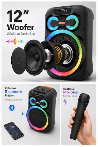 Taşınabilir Mikrofonlu 50w Led Işıklı Bluetooth Hoparlör Seti