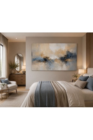 Soft Harmony Soyut Kanvas Tablo Bej, Krem Ve Mavi Tonlu Fırça Dokulu Modern Duvar Dekoru Minimalist Salon, Yatak Odası Ve Ofis Tablosu