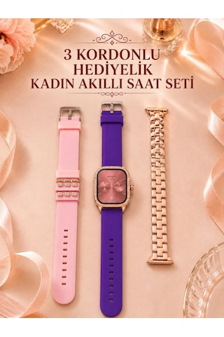 3 Kordonlu Rose Gold Kasalı Kadın Akıllı Saat Seti