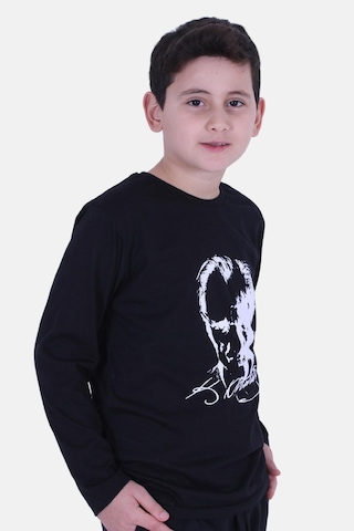Ay Yıldız Uzun Kol Baskılı Atatürk Imzalı Unisex Çocuk T-shırt Siyah