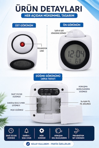 Duvara Yansıtan Projeksiyonlu Dijital Çalar Saat Konuşan Termometreli Led Alarm Masa Saati Beyaz