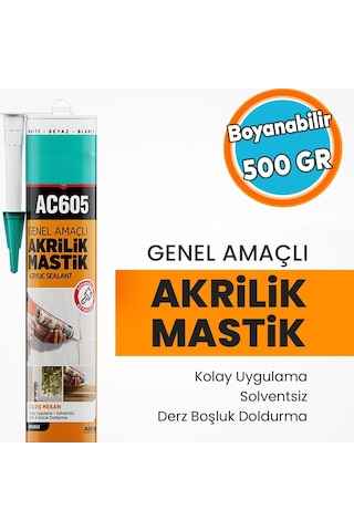 Boyanabilir Genel Amaçlı Solventsiz Kolay Uygulanır Akrilik Mastik 500 Gr Beyaz Renkli Ac605