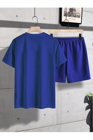 Newyork Çizgi T-shirt Şort - Saxs Alt Üst Kombin Şort Tişört Takım Baskılı Oversize Bisiklet Yaka Lacivert