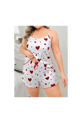 Lily Bianca Nightwear Çilek Desenli Askılı Ve Şortlu Büyük Beden Penye Gecelik Beyaz