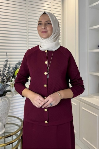 Rabia Şamlı Melis Çelik Örme Triko Takım Bordo Çok Renkli