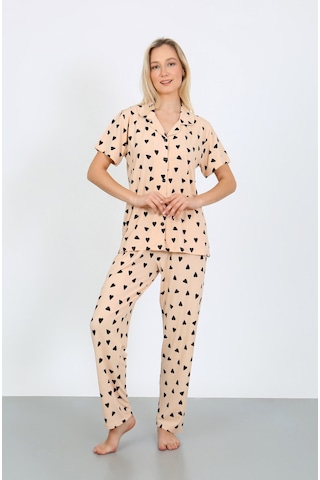 Nisanca Kısa Kollu Milan Gömlek Pijama Takımı- Genç Anne Serisi Bej