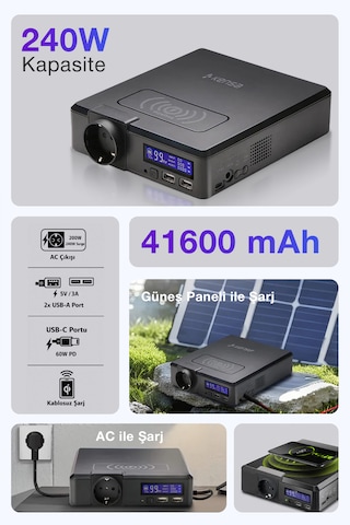 240w Taşınabilir Güç İstasyonu 41600 Mah Kablosuz Şarjlı Solar Destekli Hızlı Şarj 154wh Kapasiteli