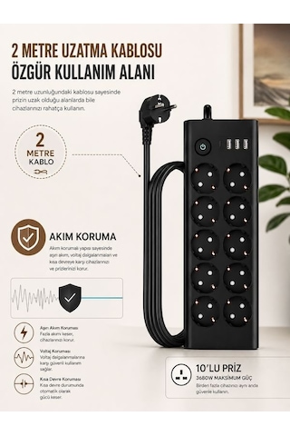 10'lu Priz, 3 Usb, 3.4 Amper, 1 Type-c Girişli 16a Akım Korumalı Uzatma Kablolu Priz Çoklayıcı 1 - 3 M