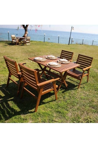 Heybeli Ahşap Katlanabilir Bahçe Seti: 80X140 Masa + 4 Sandalye Krem