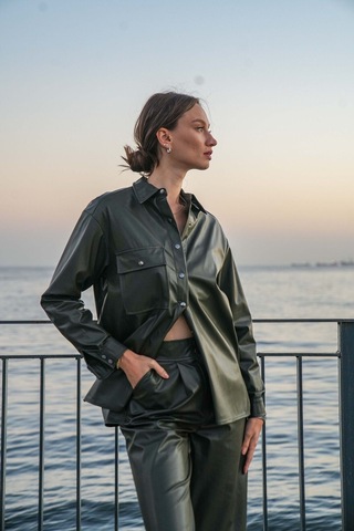 Kadın Suni Deri Gömlek Ceket Yeşil Frn6108 Yeşil