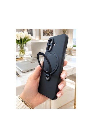 Poco X8 Pro İle Uyumlu 360 Derece Dönebilen Kalın Metal Magsafe Halka Stantlı İçi Kadife Korumalı Ultra Lüx Premium Silikon Kılıf Siyah