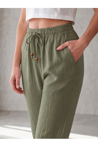 Nealirsanall.com Kadın Beli Bağcıklı Keten Pantolon - Duble Paça Havuç Kesim Pantolon Lacivert