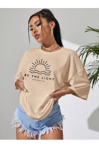 Be The Lıght Kadın Renkli Özel Baskılı Oversize Süprem Bisiklet Yaka T-shirt Bej