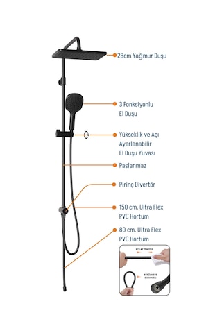 Adell Mode S Rain Duş Sistemi -mat Siyah Mat Siyah