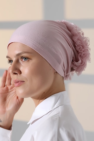 Kadın Fırfırlı Güpürlü Tesettür Topuz Bone - Pembe Pembe