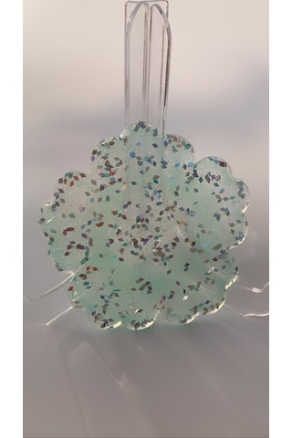 Turkuaz Renkli Gümüş Glitterli Çiçek Desenli Bardak Altlığı Turkuaz