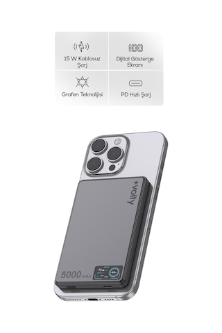 Magsafe Powerbank 5000 Mah 15w Kablosuz, 20w Pd Hızlı Şarj, Dijital Ekran, 115g V0601001 Gri