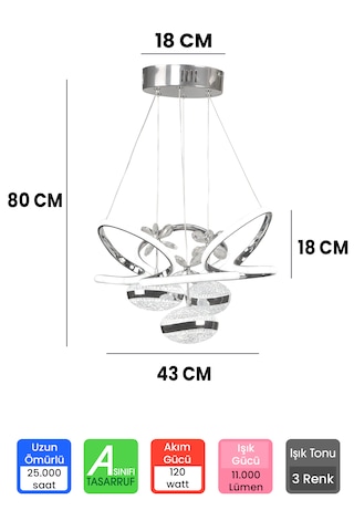 3 Toplu Kumandalı Gümüş Kasa Büyük Boy Salon Led Avize 3 Renk