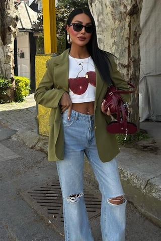 Uzun Kollu Ve Düğme Kapamalı Kruvaze Yakalı Oversize Blazer Kadın Keten Ceket Haki Haki