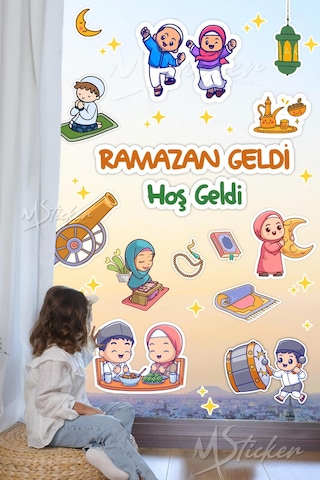 Ramazan Geldi Hoş Geldi Cam Duvar Sticker Seti, Ramazanı Coşkuyla Karşılayan Çocuklar Ramazan Süsü Çok Renkli