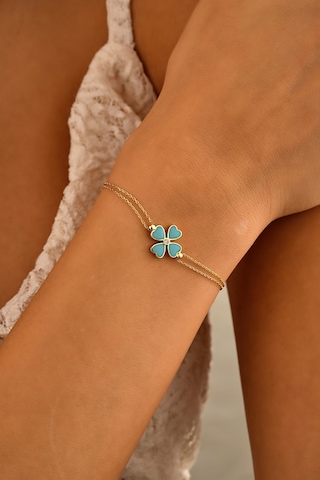 Sefa Gold 14 Ayar Altın Mavi Mineli Yonca Bileklik Sarı - Beyaz Altın