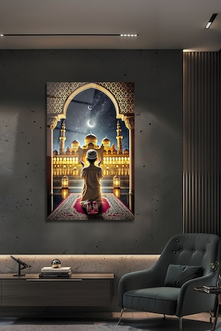Hilal Ve Yıldız Altında Namaz Kılan Çocuk Figürlü İslami Cam Tablo İslami Motifli Dekoratif Duvar Tablosu, Salon Ve İbadet Alanı Dekoru,
