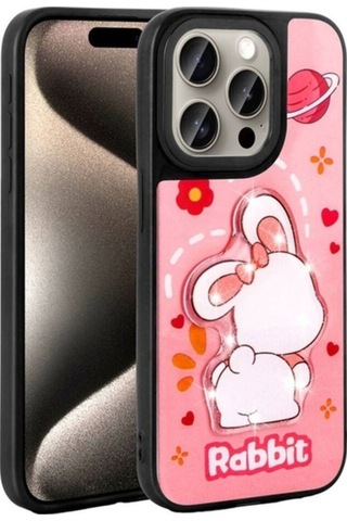 Apple Uyumlu iPhone 15 Pro Max Kılıf Parlayan Kabartmalı İkonik Figürlü Zore Amas Silikon Kapak Pembe